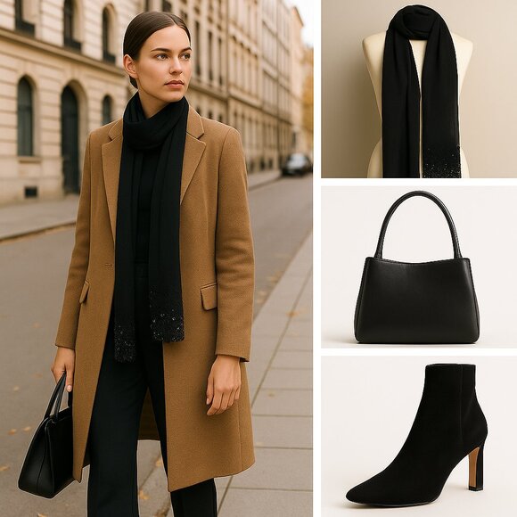 ✨ Black Beaded & Sequin Embellished Scarf – Elegant Evening & Fall Layering - Picture 2 of 6